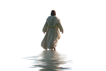 Spiritual journey unfolds as a figure walks on water, evoking hope, faith, and a powerful sense of divine presence and guidance