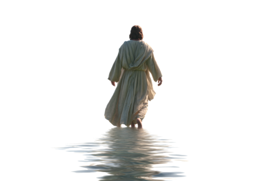 Spiritual journey unfolds as a figure walks on water, evoking hope, faith, and a powerful sense of divine presence and guidance