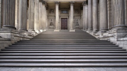 neoclassical. Grand neoclassical architecture with detailed pillars and staircase, embodying timeless elegance and design. real-estate listings.