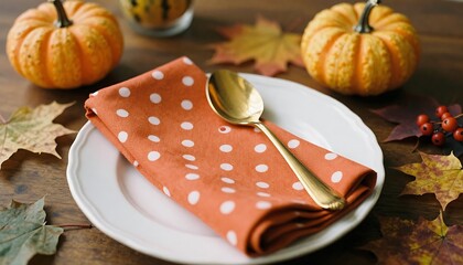 Autumn Table Setting with Polka Dot Napkin &ndash; Festive Thanksgiving Decor and Cozy Fall Visual