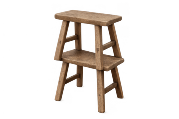 Wooden rustic two-step stool assisting with reach and utility, handmade furniture craft on transparent background