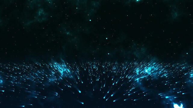 Abstract cosmic blue light rays from below with dust particles in starry space with atmospheric effects cinematic render
