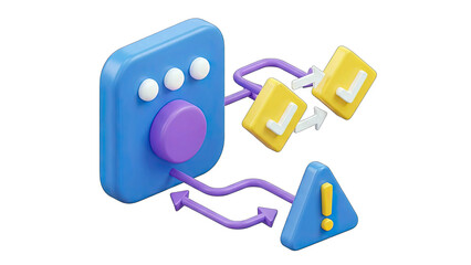 3D Iconography of a Blue Control Panel with Purple Dial and Flowing Arrows Connecting to Yellow Checkmark Icons and a Blue Warning Triangle on Transparent Background 