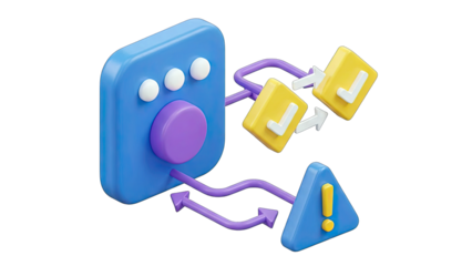 3D Iconography of a Blue Control Panel with Purple Dial and Flowing Arrows Connecting to Yellow Checkmark Icons and a Blue Warning Triangle on Transparent Background 