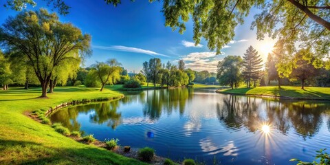 Sunny afternoon in a park with a lake