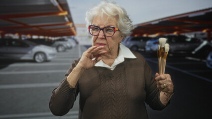 Elderly woman pinches her nose while holding makeup brushes in a parking garage; disgust odor...