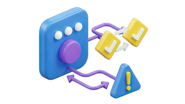 3D Iconography of a Blue Control Panel with Purple Dial and Flowing Arrows Connecting to Yellow Checkmark Icons and a Blue Warning Triangle on Transparent Background 