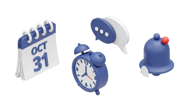 3D Icons Set Featuring Calendar Alarm Clock Chat Bubble Notification Bell on Transparent Background - Powered by Adobe