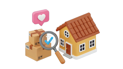 3D Illustration Of A House With A Magnifying Glass And Stacked Cardboard Boxes With A Pink Speech Bubble Containing A White Heart Against A Transparent Background