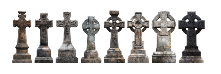Row of weathered Celtic crosses with intricate carvings evoke history and solemnity for remembrance or memorial projects