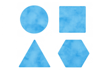 Blue watercolor geometric shapes including circle, square, triangle, and hexagon on transparent background