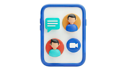 3D Illustration Of A Smartphone Displaying A Video Call With Two People And A Chat Icon On Transparent Background
