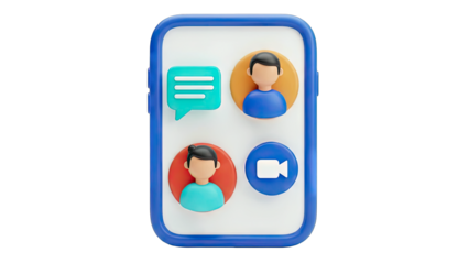 3D Illustration Of A Smartphone Displaying A Video Call With Two People And A Chat Icon On Transparent Background