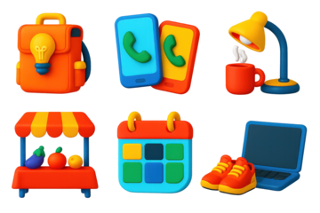 Side Hustle Essentials. 3D icon set of side hustle energy: delivery bag with idea bulb, two phones on call, evening desk lamp with