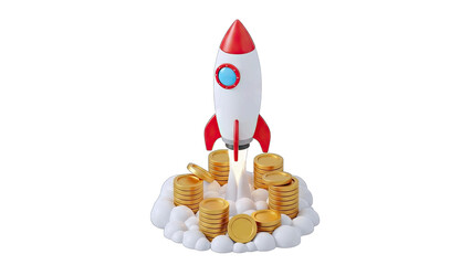 White and Red Rocket Launching Amidst Piles of Golden Coins and White Clouds Against a Transparent Background