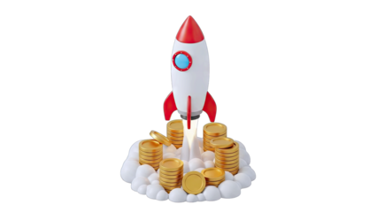 White and Red Rocket Launching Amidst Piles of Golden Coins and White Clouds Against a Transparent Background