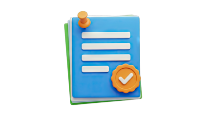 3D Illustration of a Stack of Blue Documents Secured by a Pushpin with a Certified Stamp of Approval Showing a Checked Mark on a Transparent Background