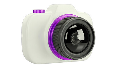 White and Purple Digital Camera with Black Lens Isolated on Transparent Background with Studio Lighting