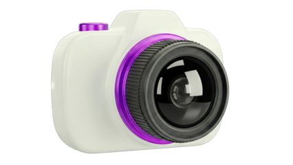 White and Purple Digital Camera with Black Lens Isolated on Transparent Background with Studio Lighting