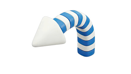 White Arrow with Blue and White Striped Segment Curving Downwards on a Black Background