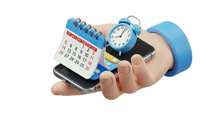 3D Illustration of a stylized hand holding a smartphone calendar and alarm clock representing time management and scheduling concepts against a black background