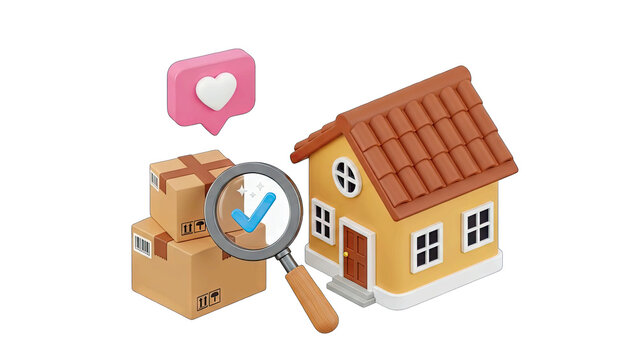 3D Illustration Of A House With A Magnifying Glass And Stacked Cardboard Boxes With A Pink Speech Bubble Containing A White Heart Against A Transparent Background - Powered by Adobe