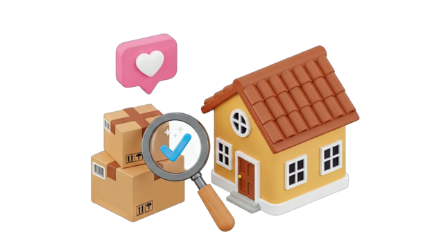 3D Illustration Of A House With A Magnifying Glass And Stacked Cardboard Boxes With A Pink Speech Bubble Containing A White Heart Against A Transparent Background - Powered by Adobe