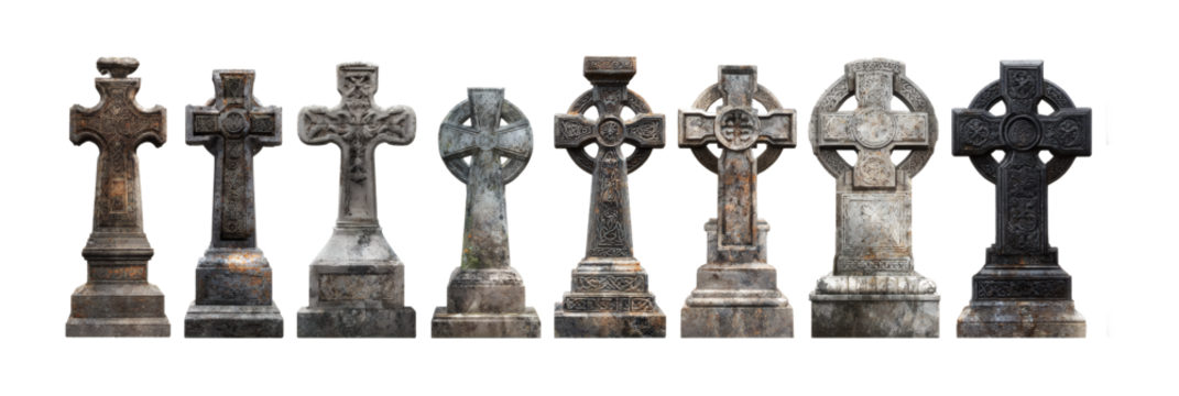 Row of weathered Celtic crosses with intricate carvings evoke history and solemnity for remembrance or memorial projects