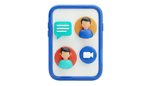 3D Illustration Of A Smartphone Displaying A Video Call With Two People And A Chat Icon On Transparent Background - Powered by Adobe