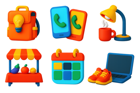 Side Hustle Essentials. 3D icon set of side hustle energy: delivery bag with idea bulb, two phones on call, evening desk lamp with