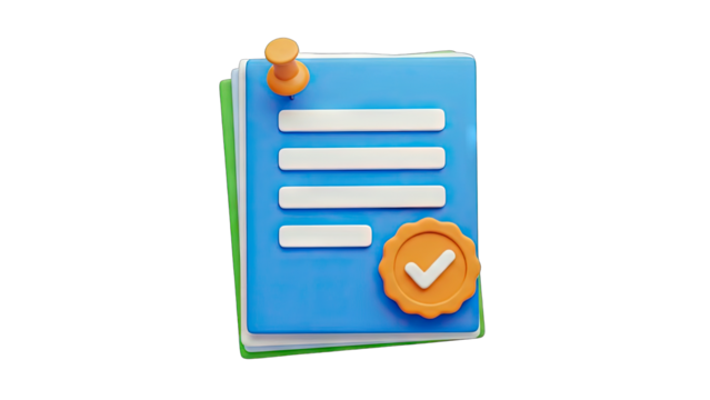 3D Illustration of a Stack of Blue Documents Secured by a Pushpin with a Certified Stamp of Approval Showing a Checked Mark on a Transparent Background