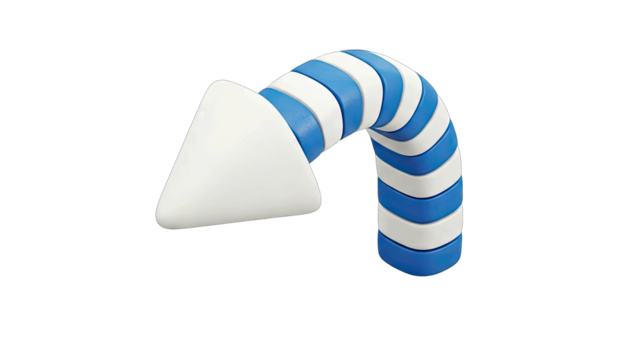 White Arrow with Blue and White Striped Segment Curving Downwards on a Black Background