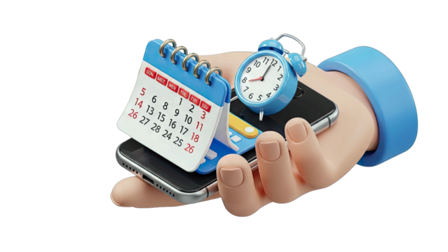 3D Illustration of a stylized hand holding a smartphone calendar and alarm clock representing time management and scheduling concepts against a black background