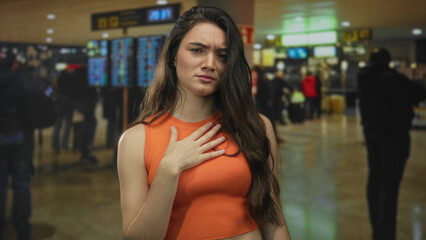 Hispanic woman clutching chest and opening mouth in crowded airport terminal with flight display screens behind; offense.