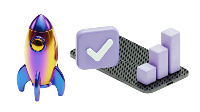 3D iridescent rocket ship with checkmark and bar chart graph on dark textured surface symbolizing successful launch and business growth