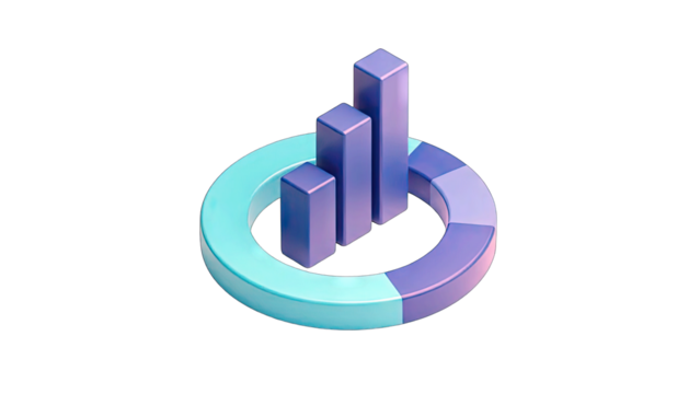 3D Isometric Bar Chart and Ring Graph with Gradient Lighting on Transparent Background Representing Data Analysis and Growth