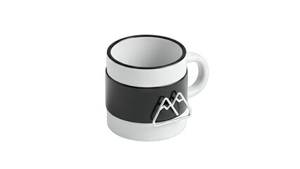 White Ceramic Camping Mug with Black Insulated Sleeve Featuring Mountain Logo Design and Transparent Background