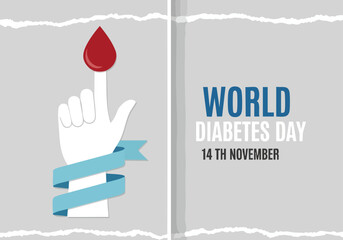 Diabetes awareness day graphic featuring a hand blood drop and symbolic ribbon on a textured background for health promotion and medical education