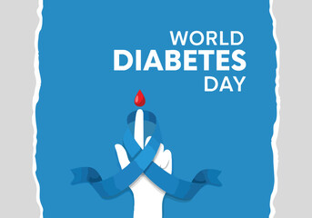 World Diabetes Day illustration with hand blue ribbon and blood drop on textured background for awareness campaign material