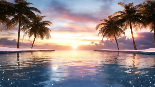 Tropical paradise scene featuring an infinity pool reflecting a vibrant sunset sky and surrounding palm trees over the calm ocean