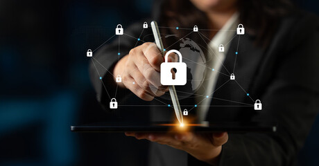 A businessman signs a digital document on a tablet while lock icons and global connections emphasize cybersecurity and data protection in a modern business environment. Gantry