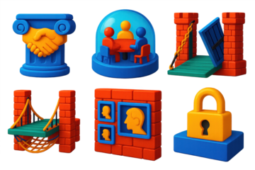 Trust Icon Set. 3D icon set of trust as architecture: handshake carved into column, transparent dome over team table, drawbridge
