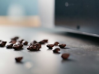 stimulant. Freshly roasted coffee beans scattered on modern machine, warm tones and shallow focus. bar promotions, beverage menus, designed for food & beverage menus and cafe branding, used by chefs.