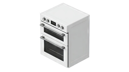 White Double Oven Range With Stainless Steel Accents Isolated On Transparent Background With Digital Display And Control Knobs For Home Kitchen Appliance Photography
