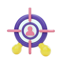 3D icon representing target audience with crosshairs and yellow feet on a transparent background suitable for marketing and business concepts