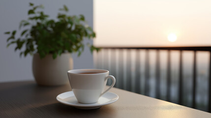 Obraz premium Enjoying a cup of coffee on a balcony at sunrise with a plant in the background