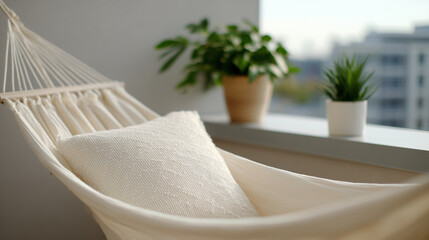 Naklejka premium Relaxing hammock with pillow and potted plants on a sunny balcony