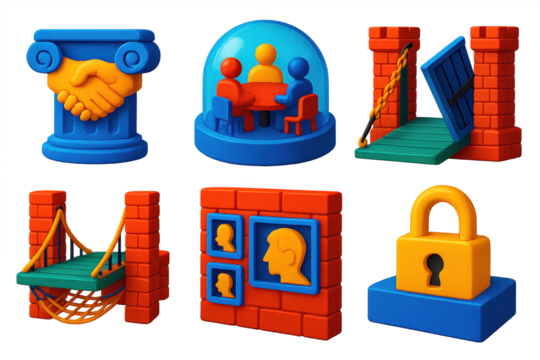 Trust Icon Set. 3D icon set of trust as architecture: handshake carved into column, transparent dome over team table, drawbridge - Powered by Adobe