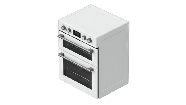 White Double Oven Range With Stainless Steel Accents Isolated On Transparent Background With Digital Display And Control Knobs For Home Kitchen Appliance Photography - Powered by Adobe
