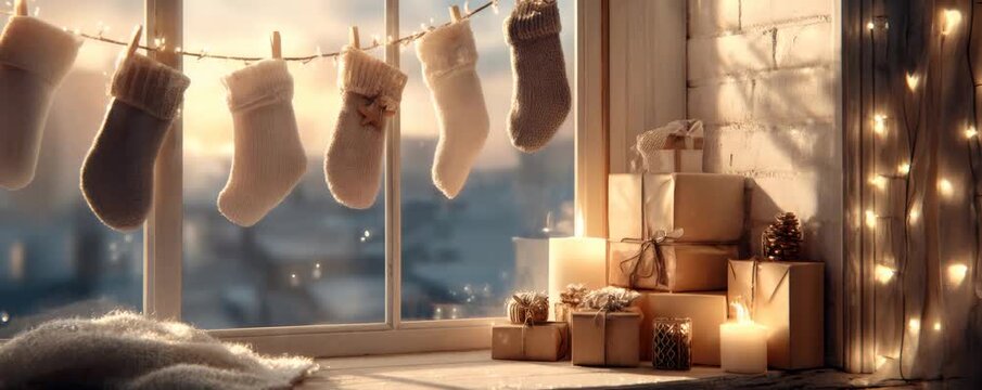 Cozy winter scene with festive christmas stockings, wrapped gifts, and glowing candles on a window sill, creating a warm holiday atmosphere